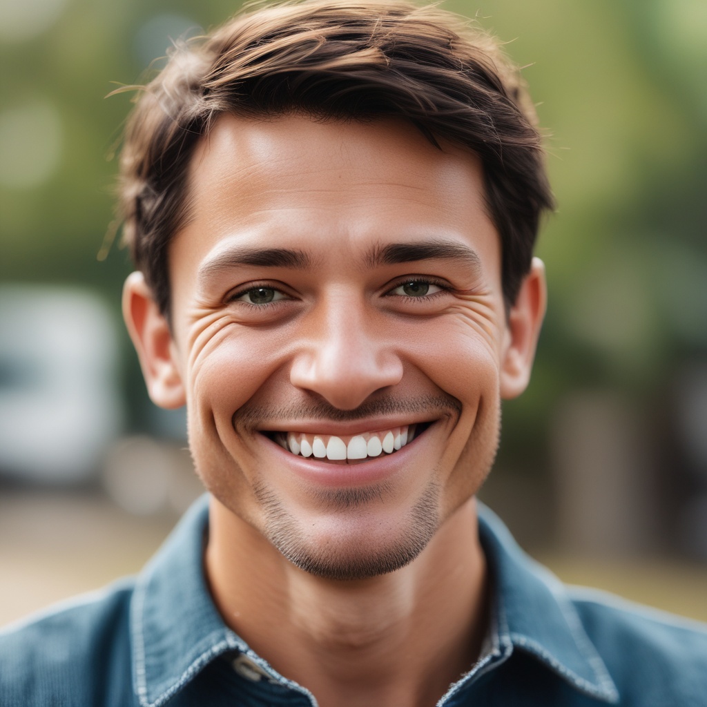 Smiling man with short brown hair outdoors